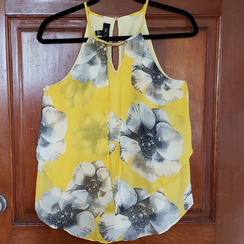 BCX Yellow Sleeveless Floral Flowy Blouse